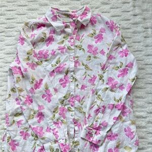 Studio Works 100% Linen White Shirt with Pink Floral Print - Size PL